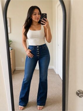 Chelsea & Violet High Rise Button Fly Flare Leg Dark Wash Stretch Denim Boho Y2K